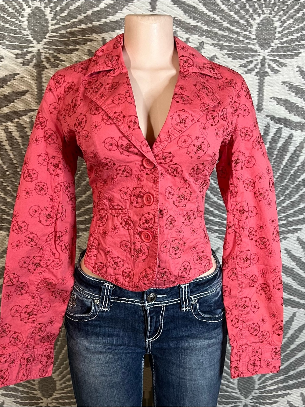 VTG Y2K Pink Embroidered Cropped Blazer Jacket Fitted Cotton Women’s M Small